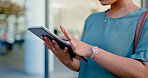 Tablet, street and hands of woman scroll web, app or online internet search for research, news report or social media feedback. Urban work commute, UI technology user and city person browsing website