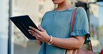 Tablet, street and hands of woman typing web, app or online internet search for research, news report or social media feedback. Urban work commute, UI technology user and city person browsing website