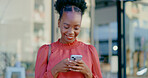 City, phone and black woman with happiness from mobile text and social media scroll. Happy, urban and smile of a African business employee outdoor with digital chat and web networking on sms