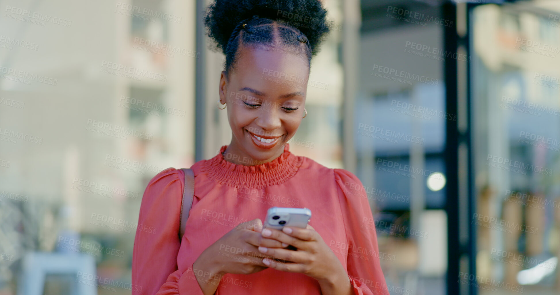Buy stock photo City, happy or black woman typing on phone for social media on internet or website for notification. Smile, news search or urban African person texting to chat on online post on networking mobile app