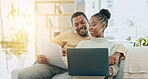 Black couple, home laptop and web banking of young people planning savings and investment info. Happiness, smile and digital investing and insurance plan of a woman and man on a living room sofa