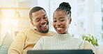 Black couple, laptop and online banking of young people planning savings, property and investment. Happiness, smile and digital investing plan of a woman and man together on a living room sofa