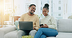 Black couple, laptop and online finance check of young people planning savings and investment on phone. Happiness, smile and digital investing plan of a woman and man together on a living room sofa