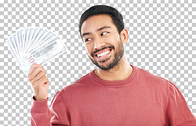 Money fan, cash investment and man on white background for wealth, financial savings and payment bonus. Finance profit, winner and happy male for winning, prize and stock market success in studio