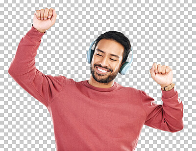 Headphones, happy and man dancing in a studio to music, playlist or album for entertainment. Happiness, dance and Indian male model moving to the radio or streaming a song by a white background.