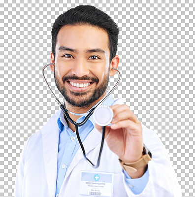 Doctor, man and listening with stethoscope in portrait, smile and cardiovascular health isolated on white background. Medical professional, happy male physician in studio and cardiology and surgeon