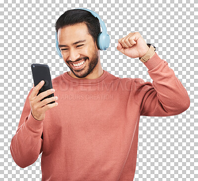 Asian man, phone and listening to music dancing with headphones isolated on a transparent PNG background. Happy male person enjoying audio streaming, sound track or songs on mobile smartphone app