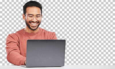 Man, laptop and worker smile with business work and typing email isolated on a transparent, png background. Computer, working and pc research with web project and digital data analysis with internet