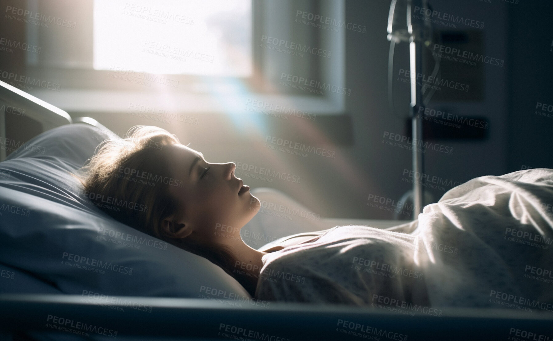 Buy stock photo Woman, sleeping and rest in hospital bed for medical treatment, surgery and icu operation. Tired, exhausted and ai generated person lying in clinic emergency room for healthcare or wellness recovery