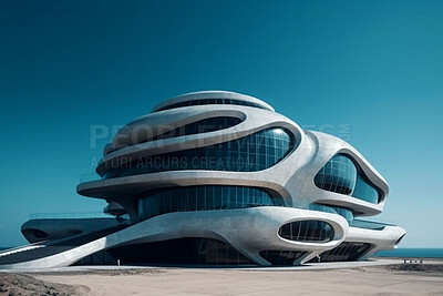 Futuristic, architecture and design with building in city for construction, development and innovation. Sci fi, creative and ai generated with glass structure for future, science and industry