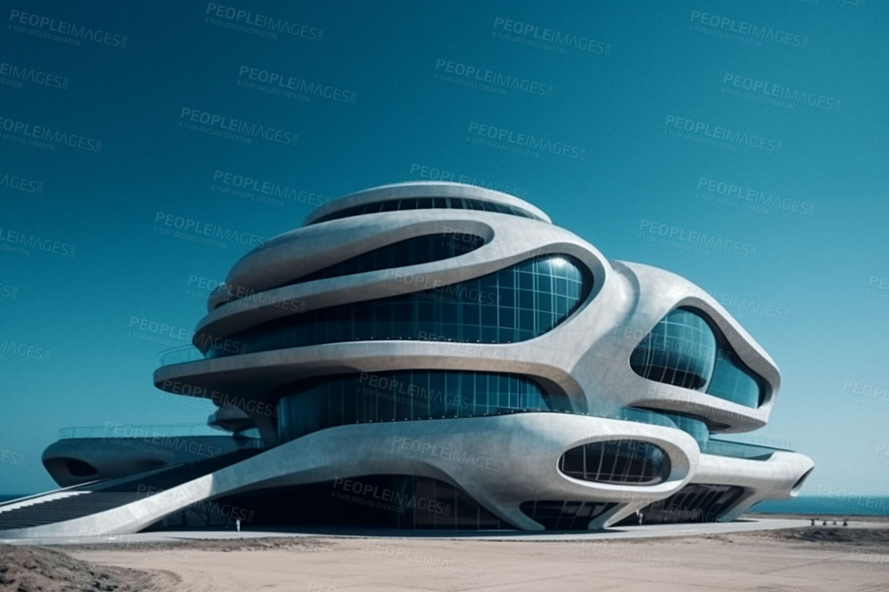 Buy stock photo Futuristic, architecture and design with building in city for construction, development and innovation. Sci fi, creative and ai generated with glass structure for future, science and industry