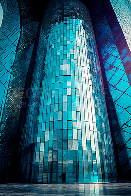 Buy stock photo Futuristic, architecture and glass with building in city for design, development and innovation. Construction, creative and ai generated with sci fi structure for future, science and industry