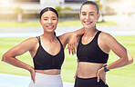 Athlete fitness, workout and exercise friends outdoor on a sports track, stadium or arena with healthy body. Women with smile and happy after cardio training and looking strong, wellness and slim
