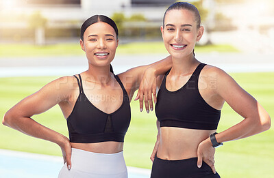 Buy stock photo Athlete fitness, workout and exercise friends outdoor on a sports track, stadium or arena with healthy body. Women with smile and happy after cardio training and looking strong, wellness and slim
