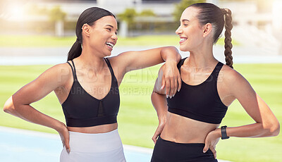 Buy stock photo Smile, happy and fitness friends joke at stadium at training, running and cardio workout together. Women, happiness and healthy runners laughing on sports racetrack at exercise and practice in summer