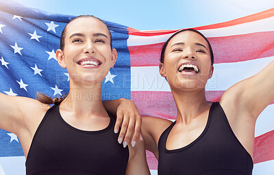 Buy stock photo USA flag, sports winner and women winning race at sport stadium, happy with teamwork in marathon and smile for success at running competition. Athlete runner team in celebration and support at event