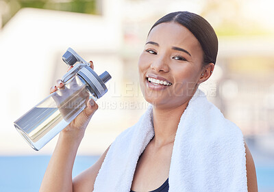 Buy stock photo Woman, fitness and water bottle after workout, training and exercise on stadium running track or city sports. Portrait, smile or happy runner with health drink on break, health rest or wellness relax