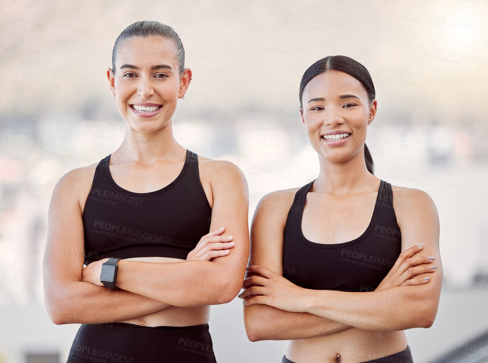 Buy stock photo Sports women, runner and athlete portrait training for exercise, workout and marathon together outdoors. Happy, smile and healthy fitness people with arms crossed in motivation, goal and strong body