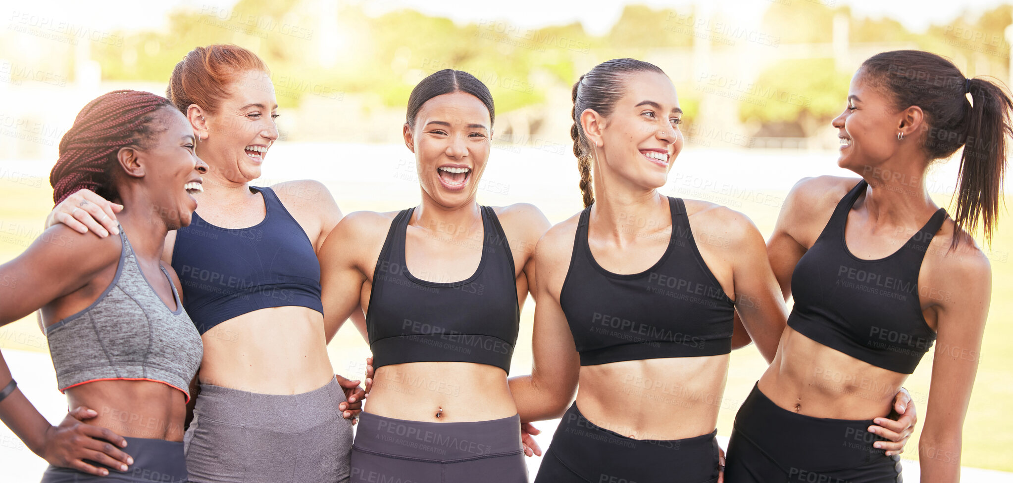 Buy stock photo Sports, fitness and exercise with woman friends laughing and joking after a workout or training outdoor. Health, wellness and motivation with a female group getting health and strong together outside