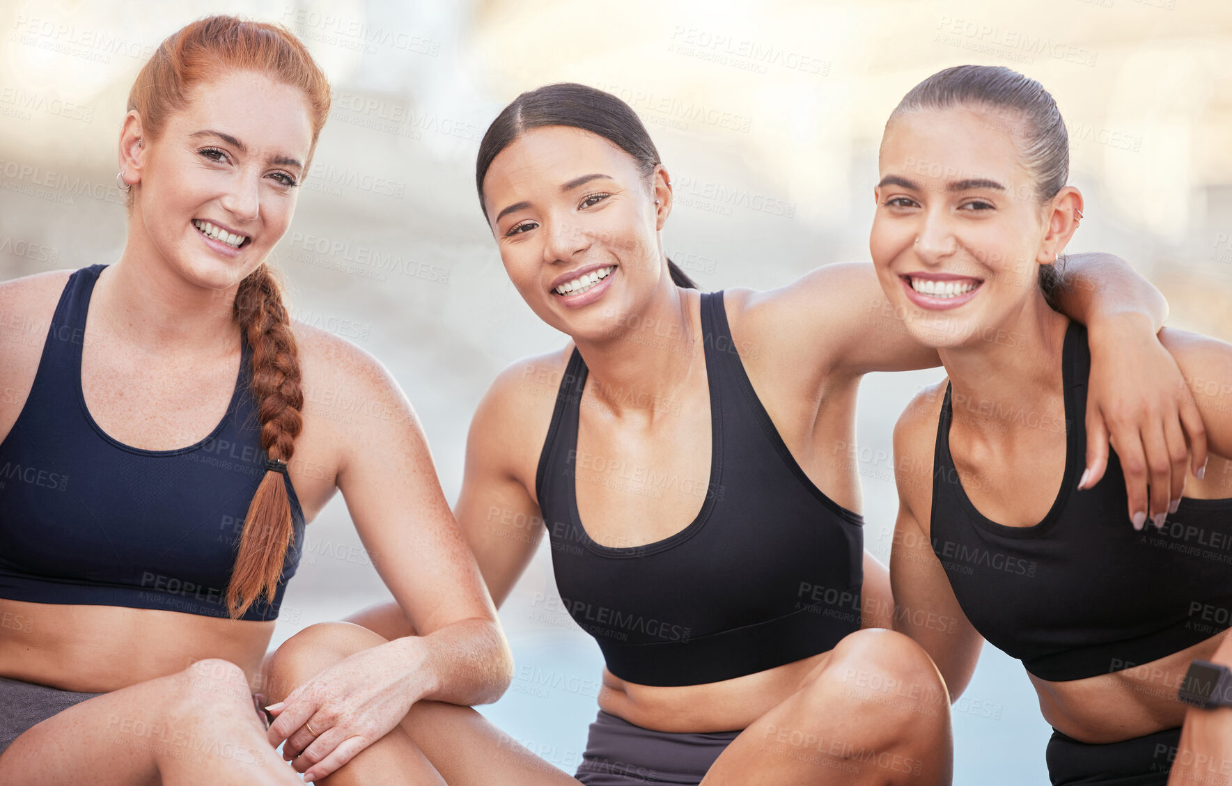 Buy stock photo Women, diversity and sport, for health, fitness and physical wellness outdoors in the sun. Athletes, sports team and smile together outside, during training at running club or global competition