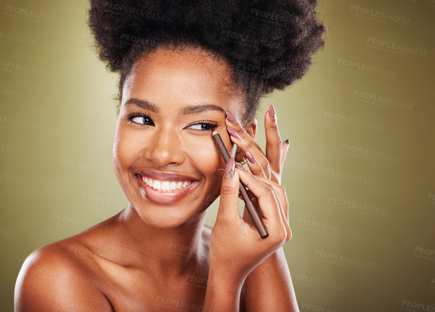 Buy stock photo Black woman, makeup and eyeliner eye pencil for cosmetics beauty product, healthy self care and cosmetic self love. Face of happy African model, skincare health and smile on a brown studio background