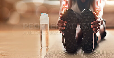 Buy stock photo Black man, hands and feet stretching legs with x ray for muscle wellness, yoga or home floor exercise. African American male or skeleton in warm up leg stretch on mat for exercising workout on mockup