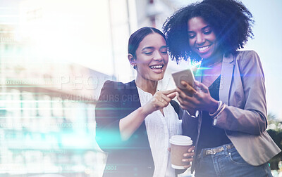 Phone, city and women team in networking overlay, business fintech and digital mobile app. Black people on smartphone for investment, trading and data analytics with 5g technology in double exposure