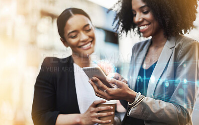 Phone, business women or team networking overlay, communication and digital strategy in urban city. Happy black people on mobile app, smartphone or cellphone for Web 3.0, internet and 5g technology