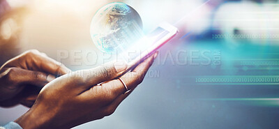 Globe hologram, business woman hands and code graphic for international networking software. Tech, world data and information technology of a employee with mockup and coding for metaverse program