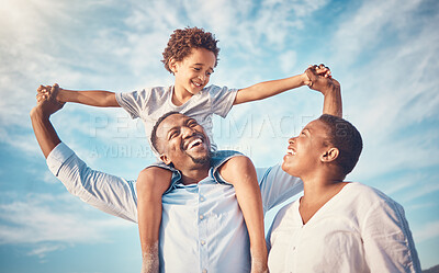 Buy stock photo Happy, black family and parents playing with kid or child outdoors on vacation, holiday or trip and bonding together. Mother and father carrying son on shoulders with smile, excited and happiness