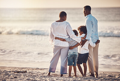 Buy stock photo Black family, hug at beach travel and together watching ocean waves and sunset view, freedom with parents and kids. Man, woman and children outdoor, vacation in Bali, nature and peace with back