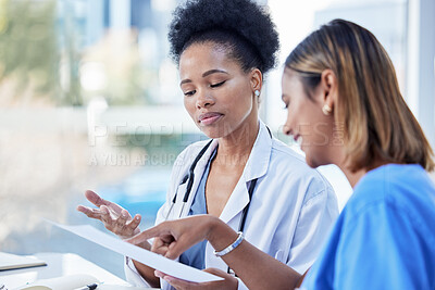 Buy stock photo Women, doctors and team planning paperwork, documents and test results in medical office. Healthcare management of black woman with notes, collaboration and discussion of hospital research analysis 