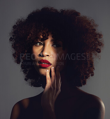 Buy stock photo Shadow, red lipstick and makeup on woman with beauty or natural hair in studio. Face of aesthetic female model with a skin glow, shine and color on lips for art, power and facial skincare