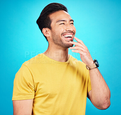 Buy stock photo Man, laughing and thinking of funny idea for comedy, joke or humor and happiness as inspiration for meme, comic or promotion. Person, laugh and happy face for crazy, silly or fun advertising mockup