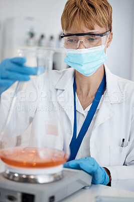 Buy stock photo Scientist, laboratory and mask, woman with pharmaceutical test and chemistry study for medicine. Medical exam, research and innovation in health care, biotechnology and chemical investigation results
