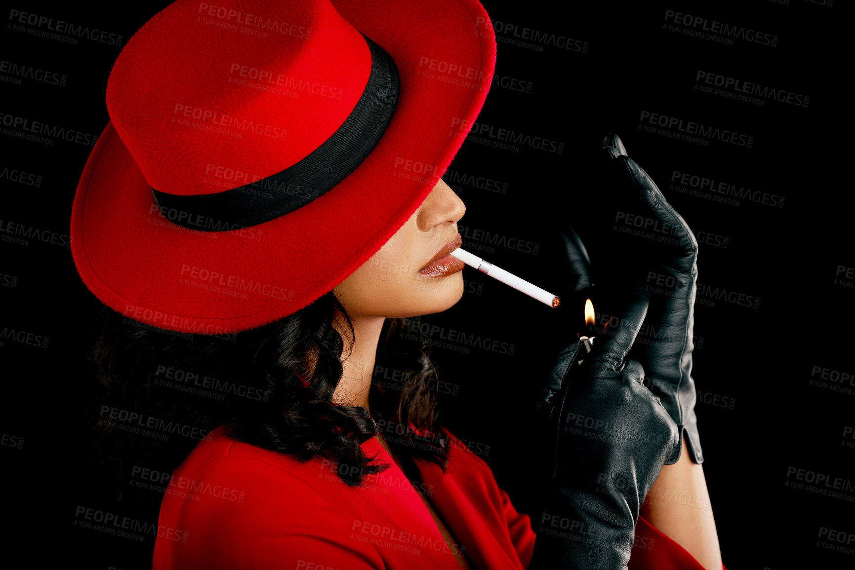 Buy stock photo Vintage, style and a woman smoking a cigarette with retro fashion, style and aesthetic. 90s, mystery and a model or mafia girl with a smoke and fashionable isolated on a black background in a studio