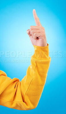 Buy stock photo Man, hands and pointing up finger for idea, solution or remember in memory against a blue studio background. Hand of male person in choice, decision or advertising plan guide, offer or opportunity