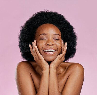 Buy stock photo Smile, beauty and black woman with skincare, natural and wellness against a pink studio background. Female person, model or girl with happiness, dermatology and cosmetics with joy, grooming or makeup