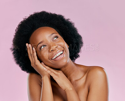 Buy stock photo Thinking, skincare or happy black woman with afro from dermatology, salon cosmetics or wellness. Smile, face or African model with natural beauty or self love isolated on a pink background in studio