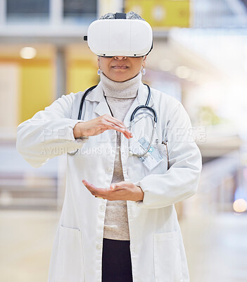 Buy stock photo VR, hands and doctor or woman on medical software, metaverse and 3d hospital, futuristic or digital ux experience. AR, presentation and healthcare worker or person, virtual reality glasses or vision