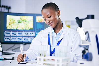 Buy stock photo Writing, biotechnology and scientist woman in laboratory research, plants analysis and test results in natural medicine. Pharmaceutical data, medical and science notes of african person and weed tube