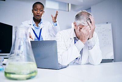 Buy stock photo Science, people and frustrated with mistake. fail or problem in laboratory and black woman with shock, stress and glitch on computer. Chemistry, scientist with anxiety or error in research and lab