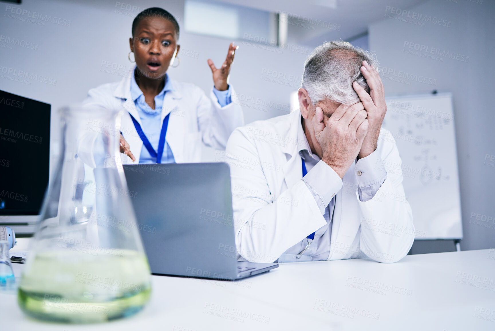 Buy stock photo Science, people and frustrated with mistake. fail or problem in laboratory and black woman with shock, stress and glitch on computer. Chemistry, scientist with anxiety or error in research and lab