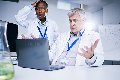 Buy stock photo Glitch on computer, people and frustrated with mistake. fail or problem in laboratory and black woman with shock and stress. Chemistry, scientist with technology or error in research and lab