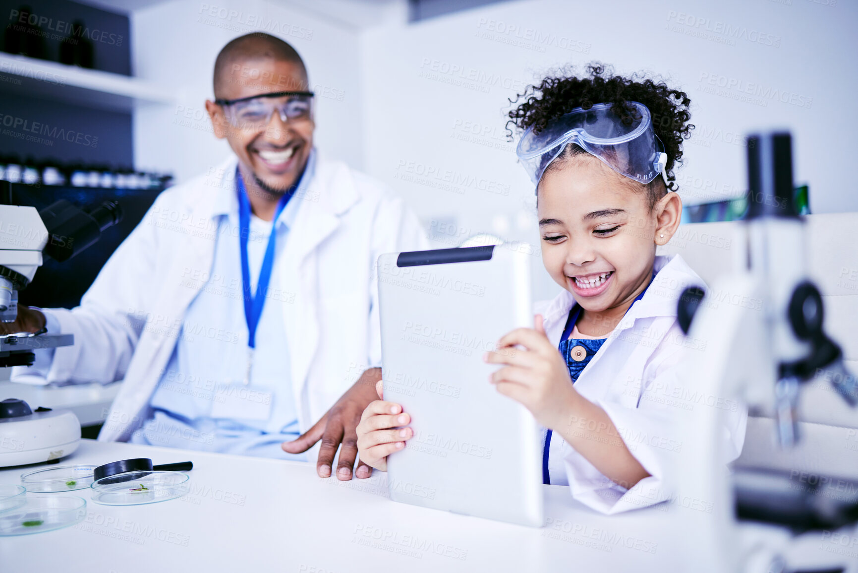 Buy stock photo Chemistry, tablet and father with child in laboratory for medical research, science and education. Healthcare, medicine and scientist dad with girl on digital tech for knowledge, learning and school