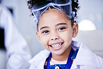 Child, laboratory and medical science portrait of a girl with a smile while happy. Face of African kid student excited for  future scientist, education or learning biology experiment in a class