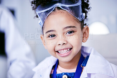 Buy stock photo Child, laboratory and medical science portrait of a girl with a smile while happy. Face of African kid student excited for  future scientist, education or learning biology experiment in a class