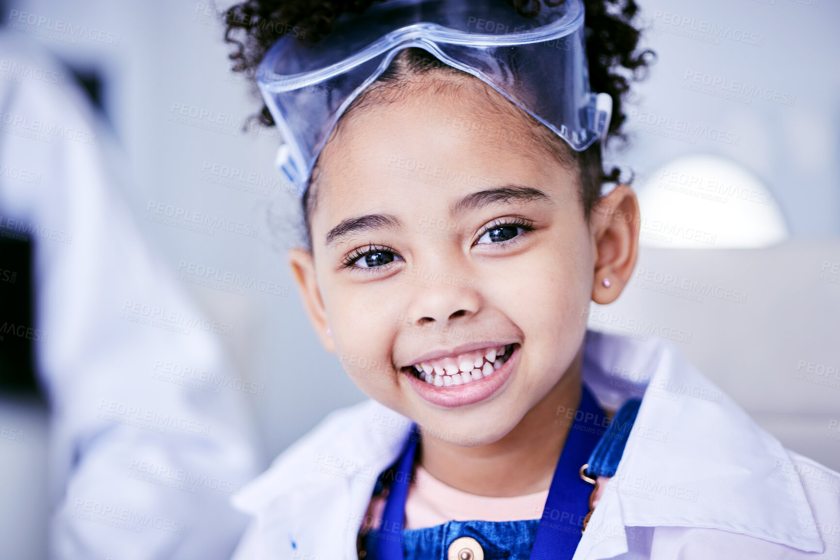 Buy stock photo Child, laboratory and medical science portrait of a girl with a smile while happy. Face of African kid student excited for  future scientist, education or learning biology experiment in a class