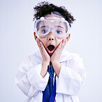 Child, shocked and science portrait with glasses in studio with open mouth, wow or surprised face. African kid student excited for education or biology experiment and learning for future scientist