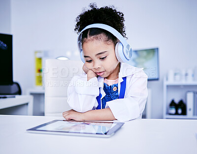 Buy stock photo Black girl, education and science on tablet or headphones for remote work on ebook. Read, tech and digital studying with female student for knowledge, lessons or internet for development or learning.
